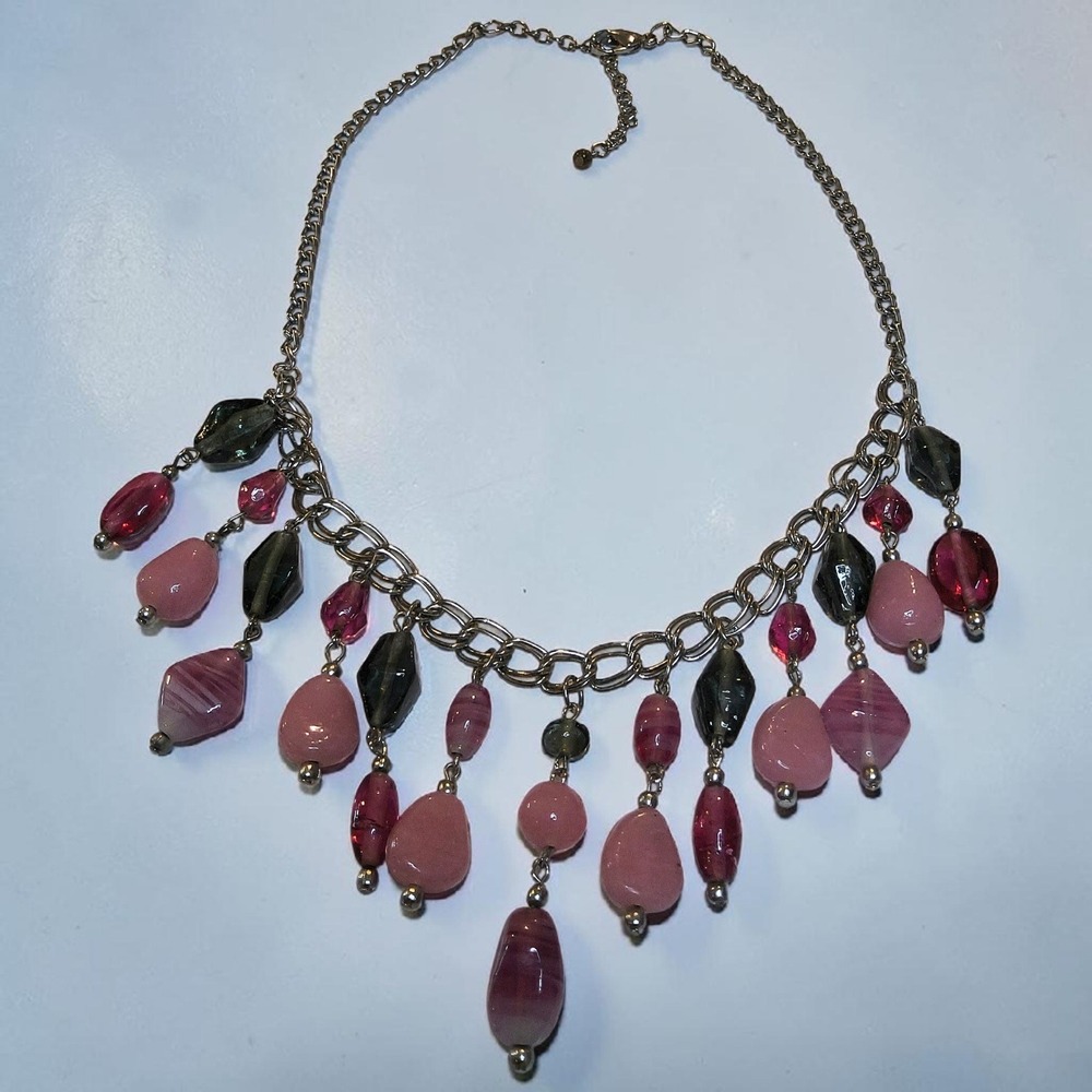 Pink Raspberry Glass Bead Bib Necklace Adjustable Statement Necklace